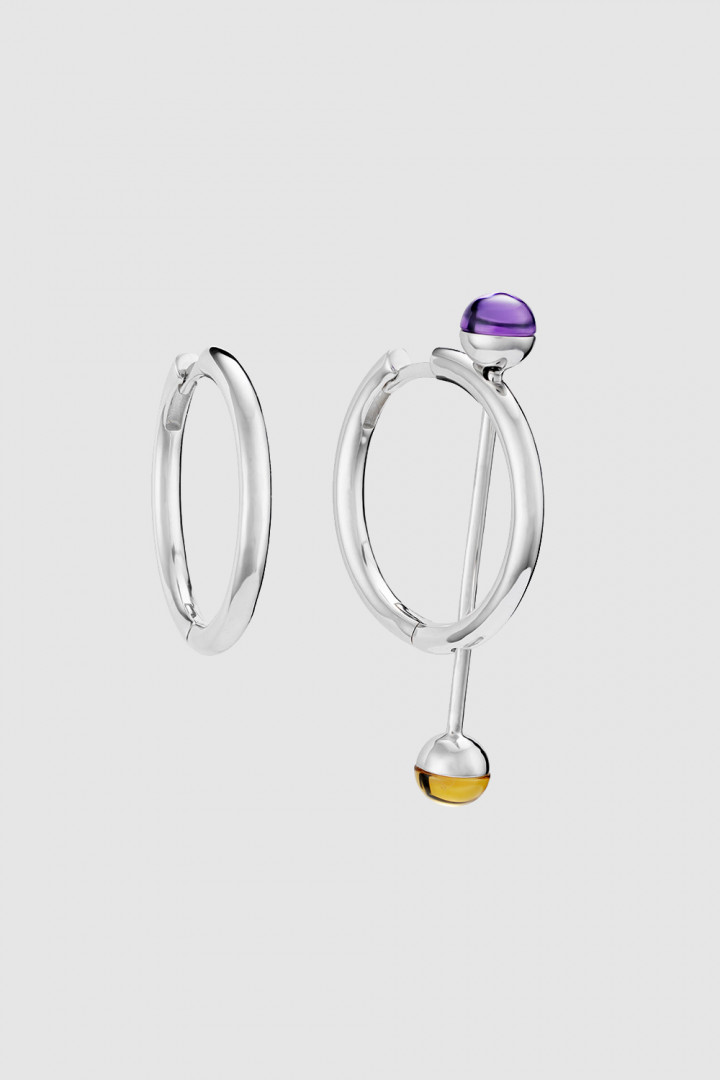 ASYMMETRIC HOOPS WITH A BAR AMETHYST AND CITRINE title=
