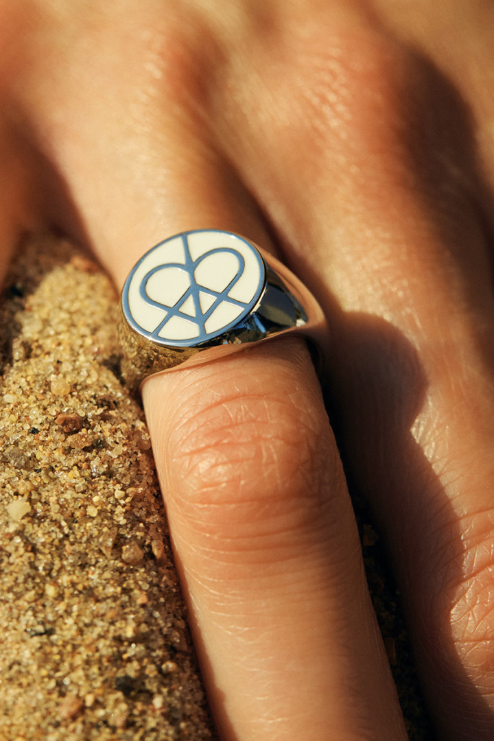 PEACE & LOVE SIGNET RING WITH WHITE ENAMEL