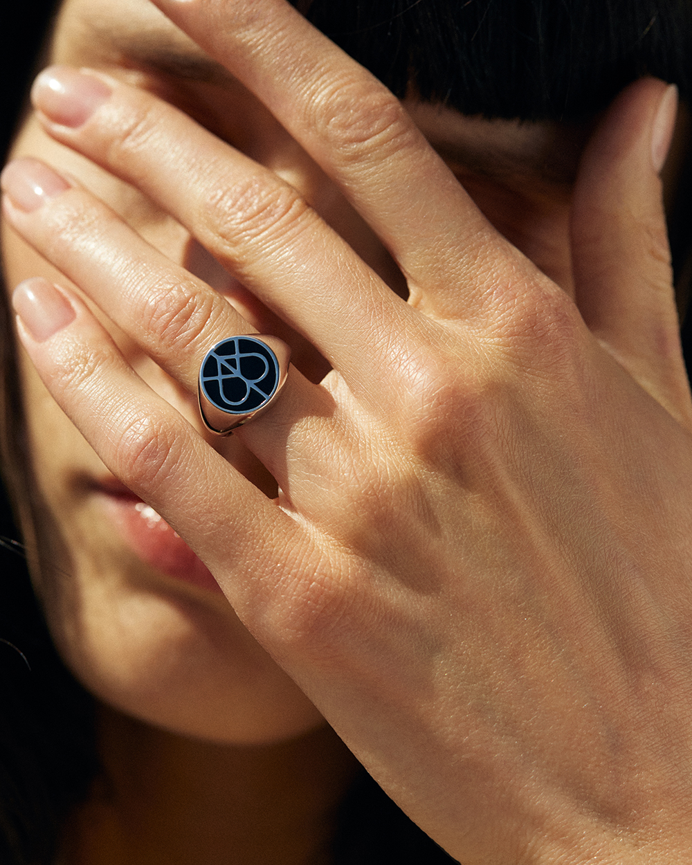 PEACE & LOVE SIGNET RING WITH BLACK ENAMEL  