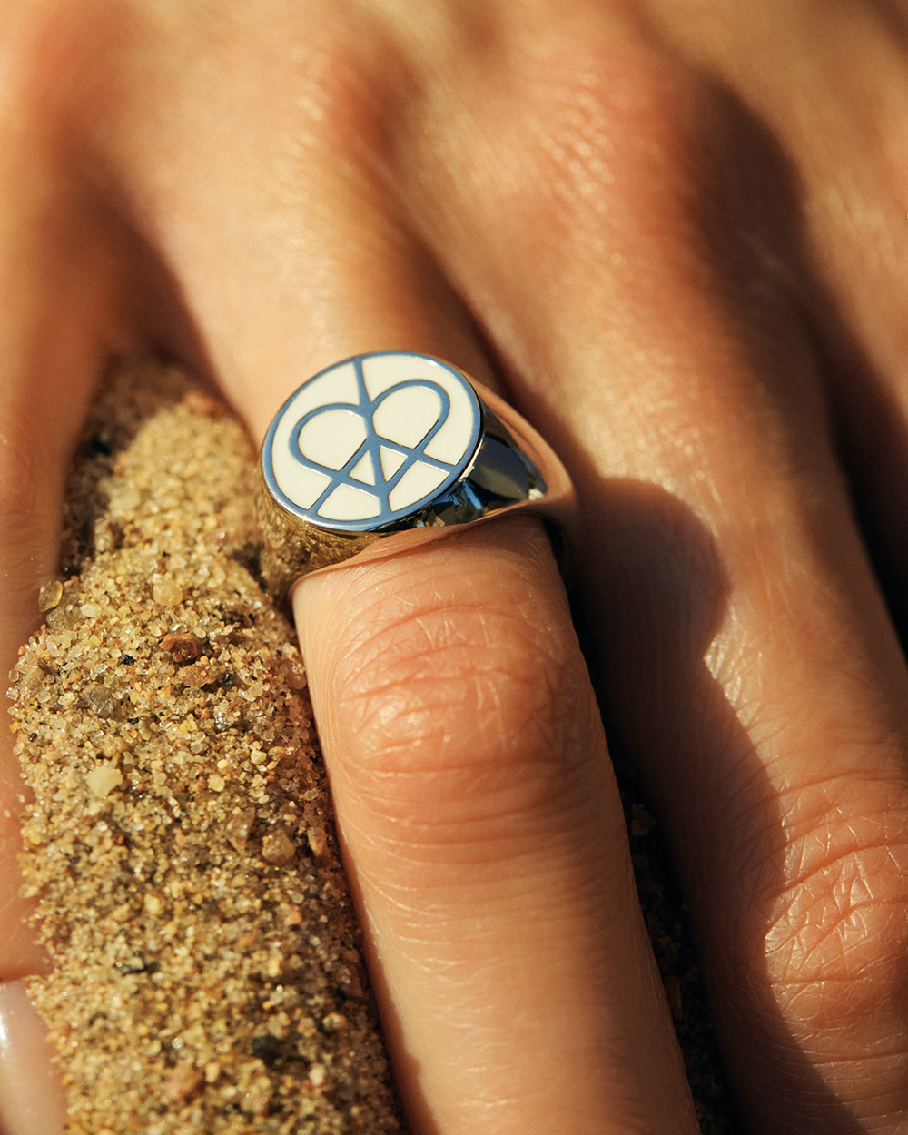 PEACE & LOVE SIGNET RING WITH WHITE ENAMEL  